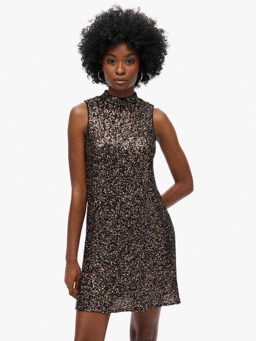 Product image 1 of 7, which shows Superdry Sleeveless Sequin A Line Mini Dress, Bronze Mega Sequin, 10