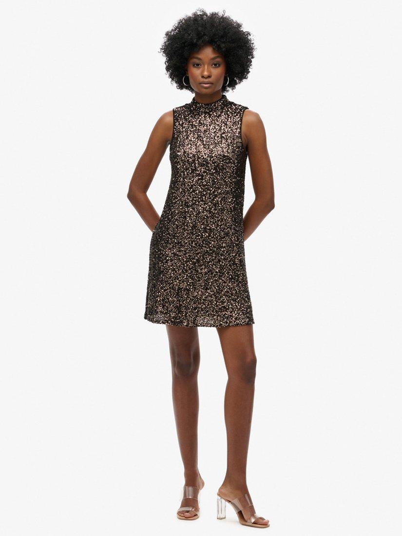 Product image 7 of 7, which shows Superdry Sleeveless Sequin A Line Mini Dress, Bronze Mega Sequin, 10