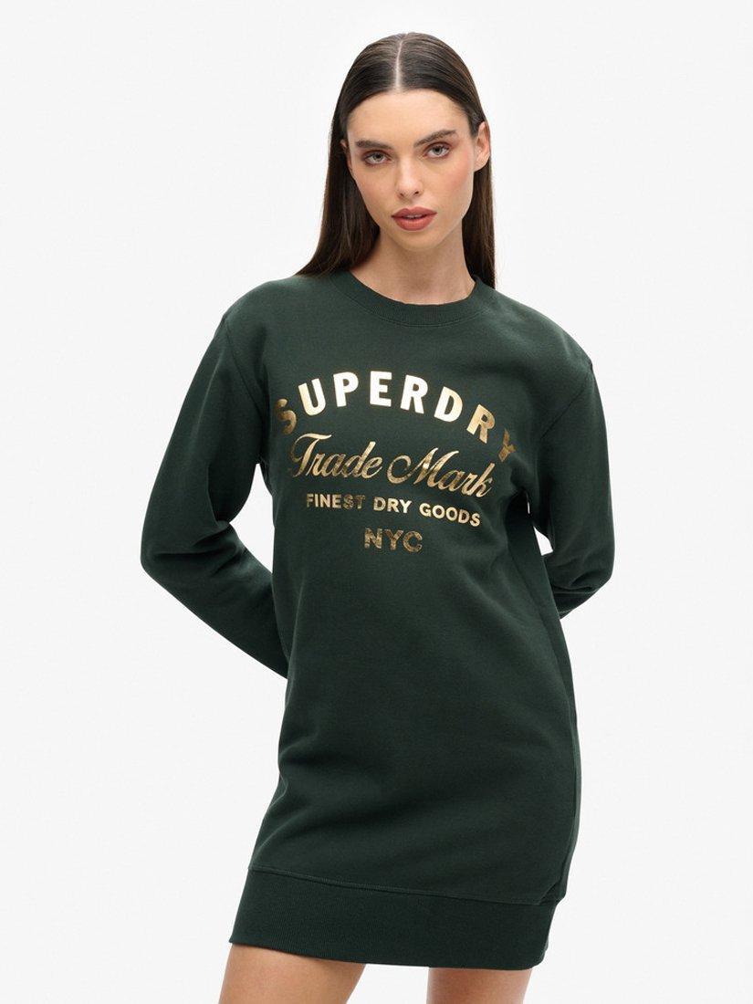 Product image 1 of 5, which shows Superdry Luxe Metallic Logo Jersey Dress, Academy Dark Green, 14