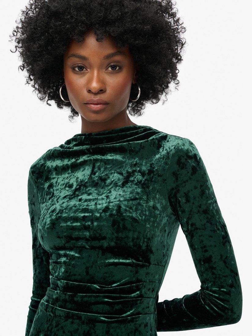 Product image 2 of 6, which shows Superdry Velvet Long Sleeve Mini Dress, Deepest Green, 6