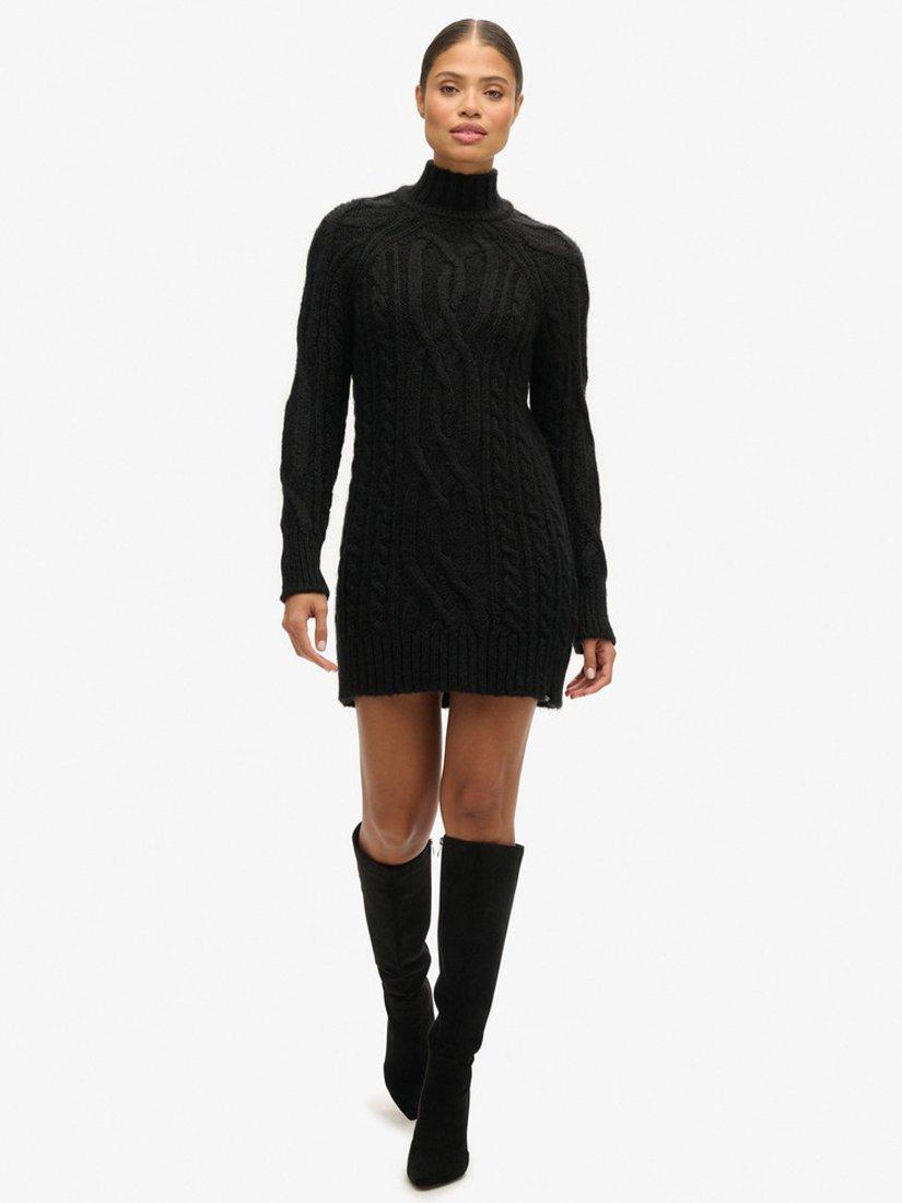 Superdry Cable Knit Mock Neck Jumper Dress, Black, 6