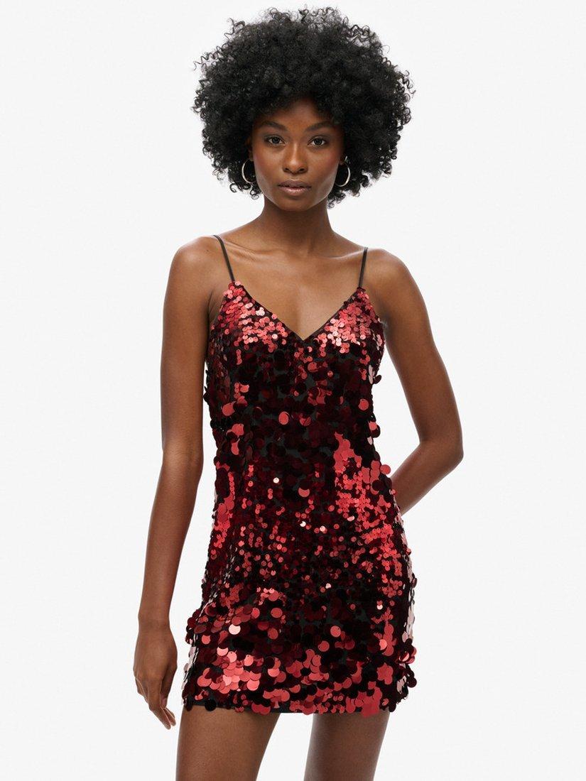 Product image 1 of 6, which shows Superdry Disco Sequin Mini Dress, Red Brocade, 10