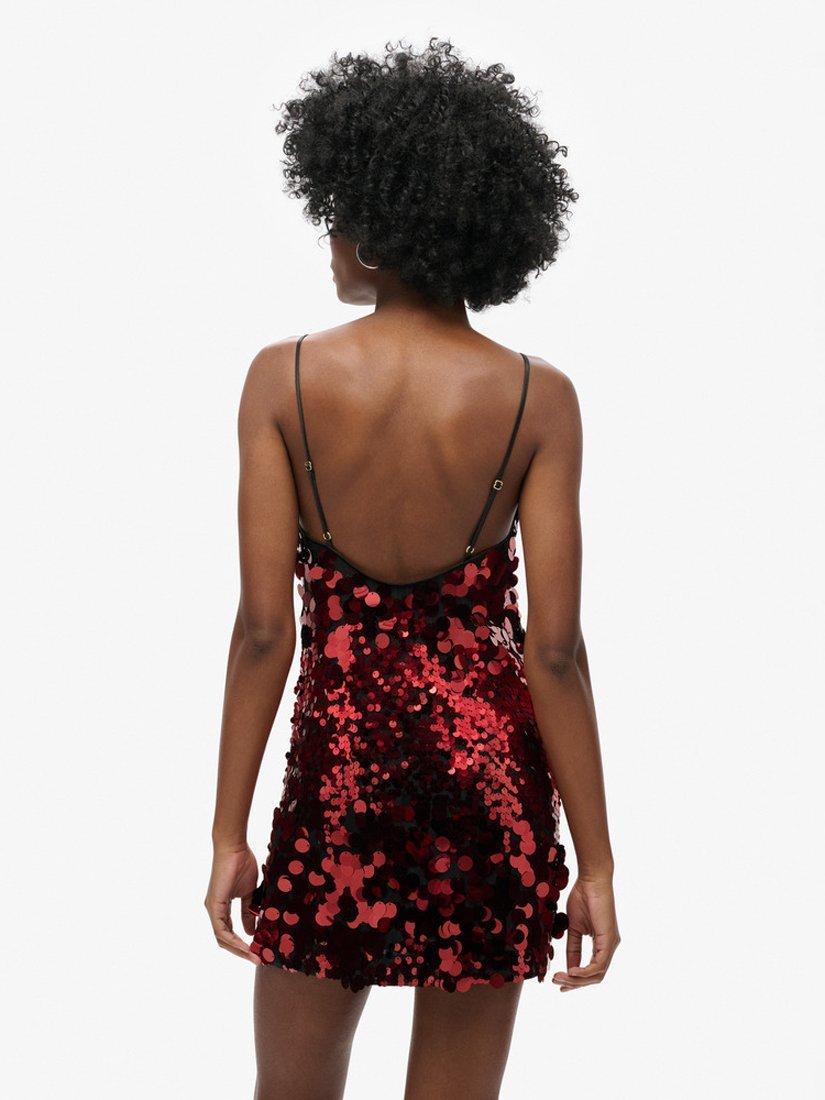Product image 6 of 6, which shows Superdry Disco Sequin Mini Dress, Red Brocade, 10