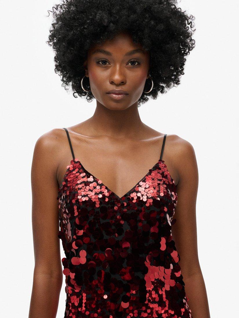 Product image 4 of 6, which shows Superdry Disco Sequin Mini Dress, Red Brocade, 10