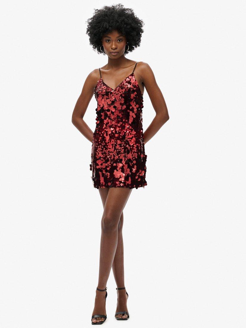 Product image 5 of 6, which shows Superdry Disco Sequin Mini Dress, Red Brocade, 10