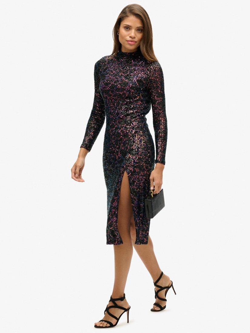 Product image 2 of 6, which shows Superdry Backless Sequin Midi Dress, Midnight, 8