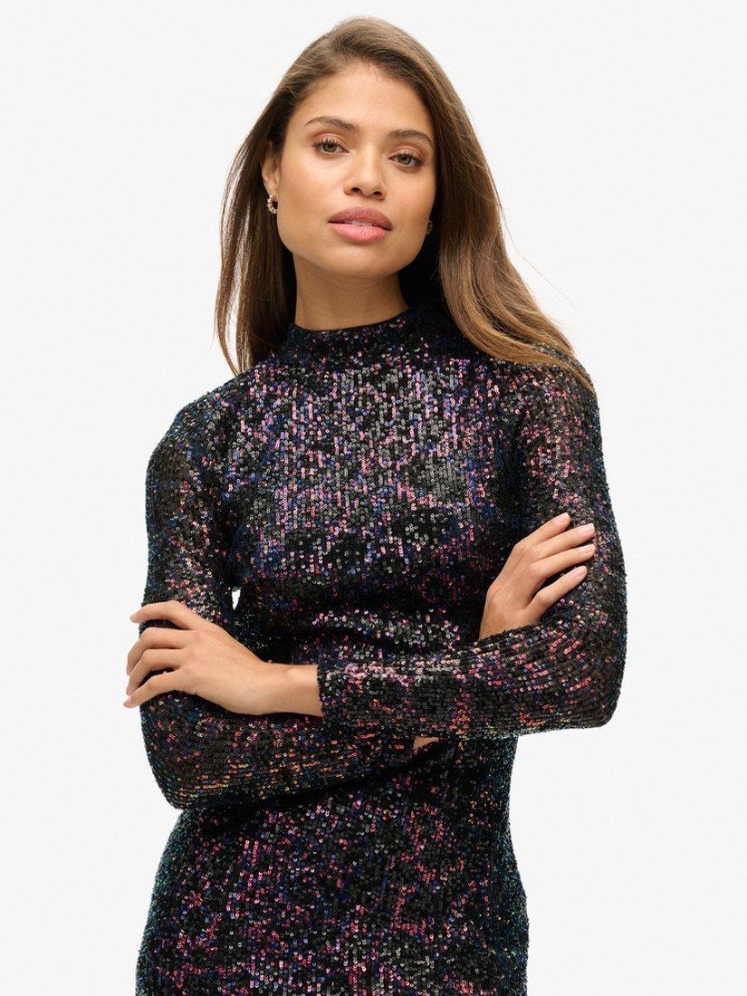 Product image 4 of 6, which shows Superdry Backless Sequin Midi Dress, Midnight, 8