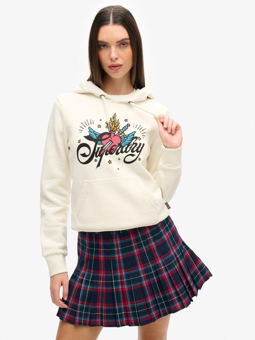 Superdry Tattoo Script Graphic Diamante Hoodie, Cream