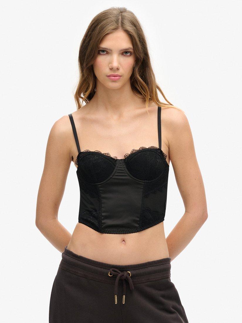 Product image 1 of 5, which shows Superdry Lace Satin Midi Corset Top, Black, 12