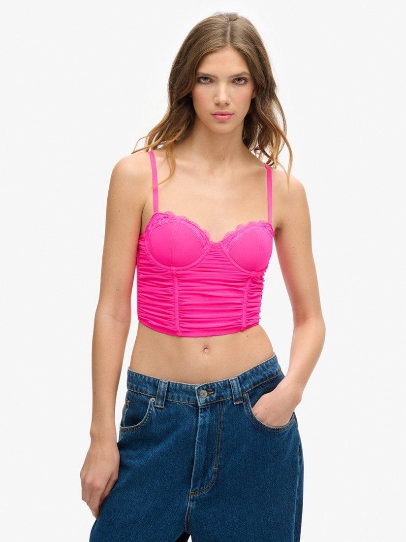 Product image 1 of 5, which shows Superdry Ruched Mesh Crop Corset Top, Pink Glow, 6