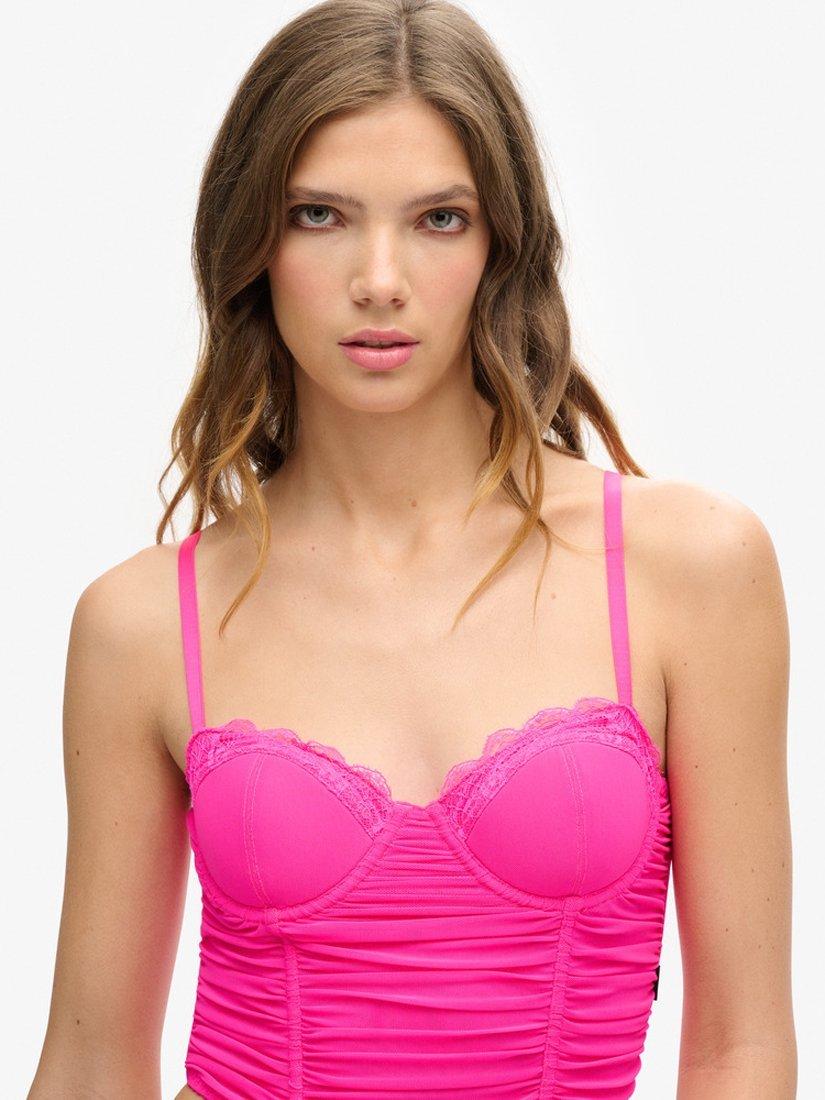 Product image 4 of 5, which shows Superdry Ruched Mesh Crop Corset Top, Pink Glow, 6