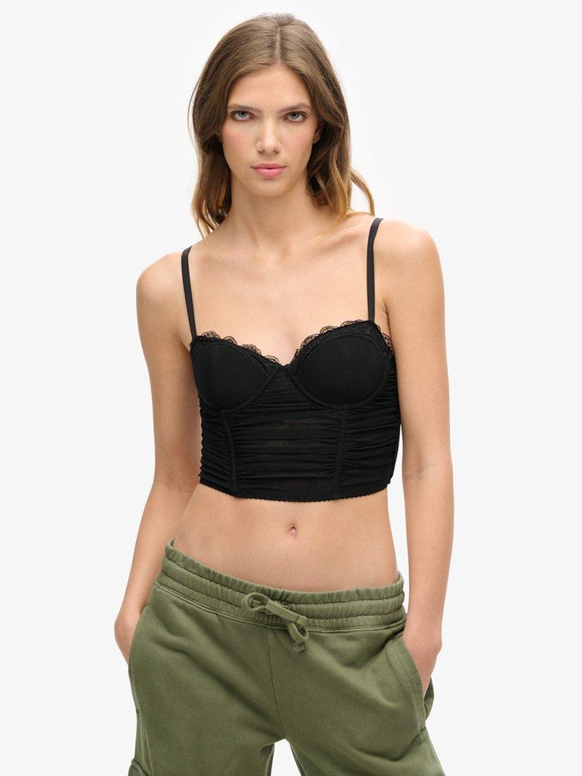Product image 1 of 4, which shows Superdry Ruched Mesh Crop Corset Top, Black, 6