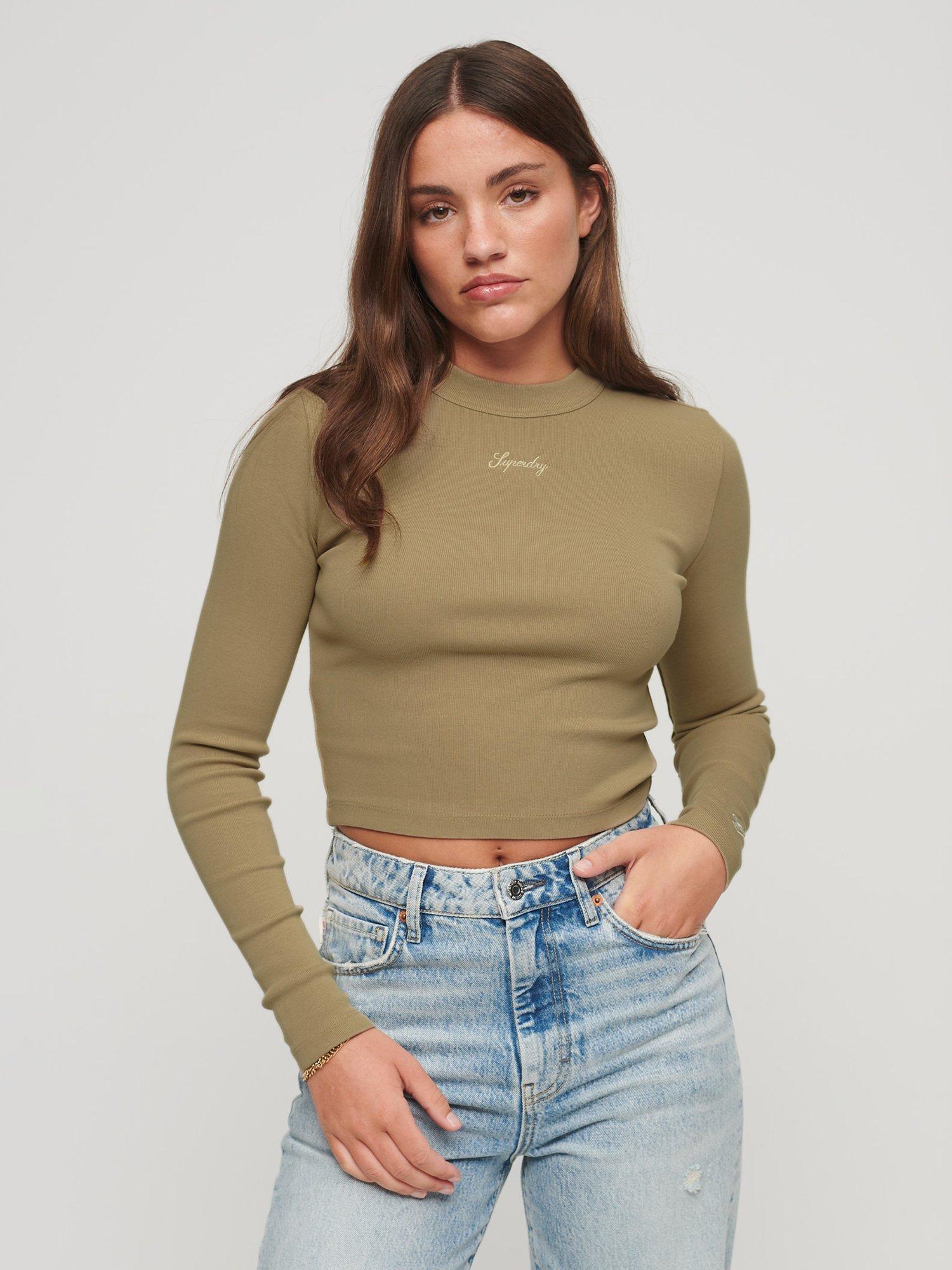 Superdry Ribbed Long Sleeve Embroidered Fitted Top