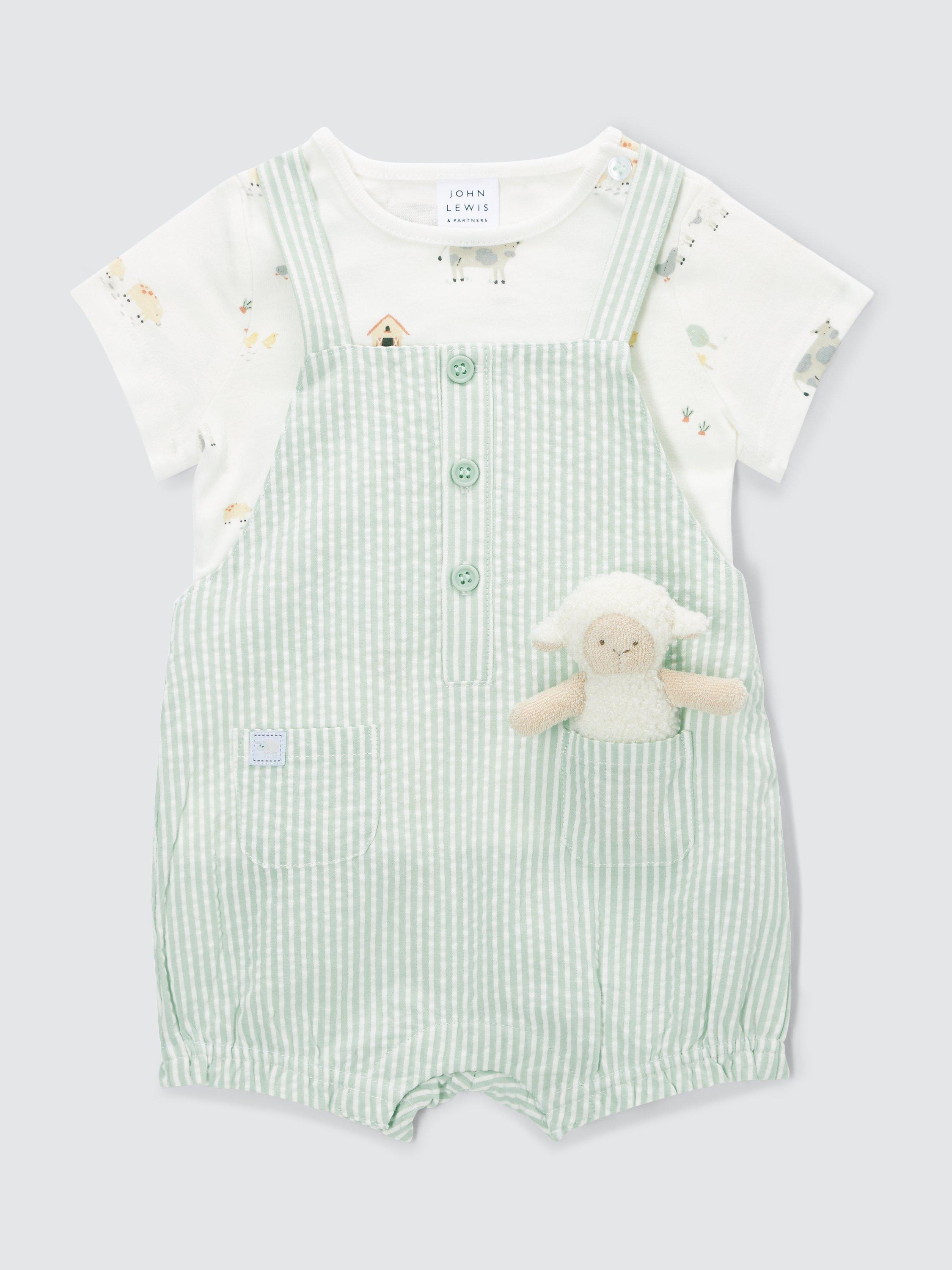 Product image 1 of 3, which shows John Lewis Baby Stripe Romper Set, Green/Multi, 0-3 months