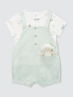 John Lewis Baby Seersucker Stripe Short Dungaree, T-Shirt and Lamb Soft Toy Set, 