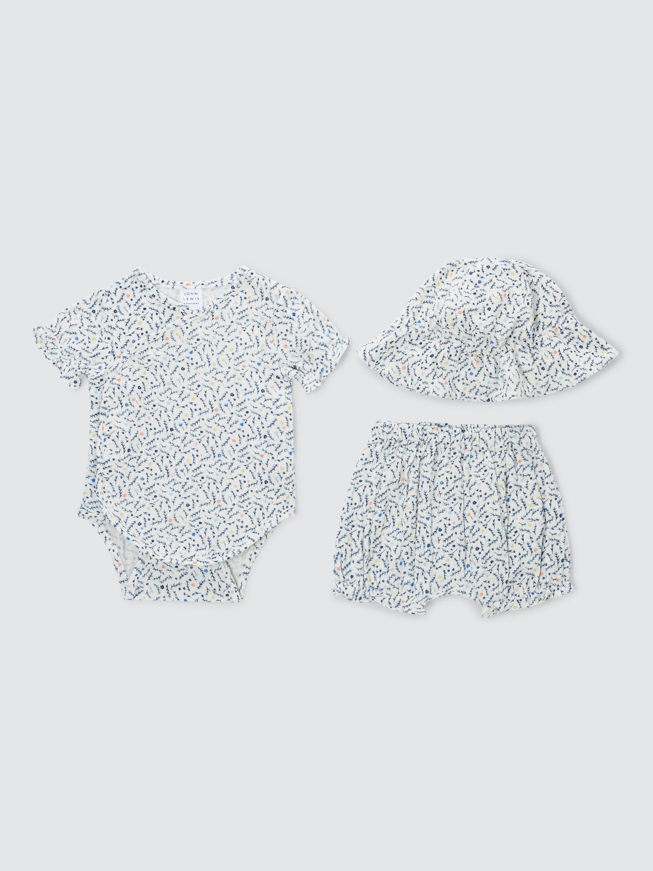 John Lewis Baby Floral Print Muslin Bodysuit, Shorts and Hat Set, Blue/Multi
