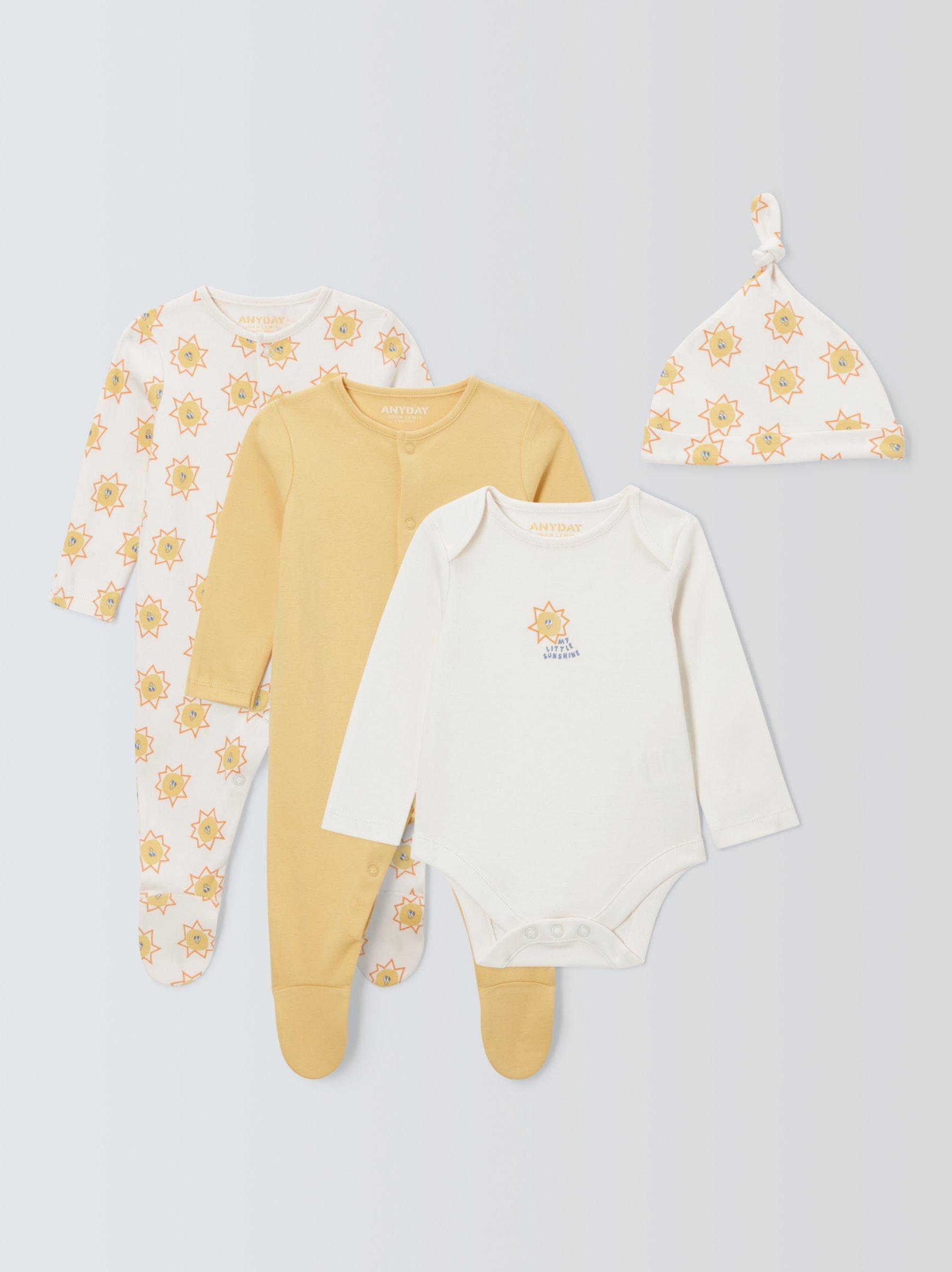 Product image 1 of 4, which shows John Lewis ANYDAY Baby Sunflower Sleepsuit, Bodysuit and Hat Set, Yellow, 12-18 months