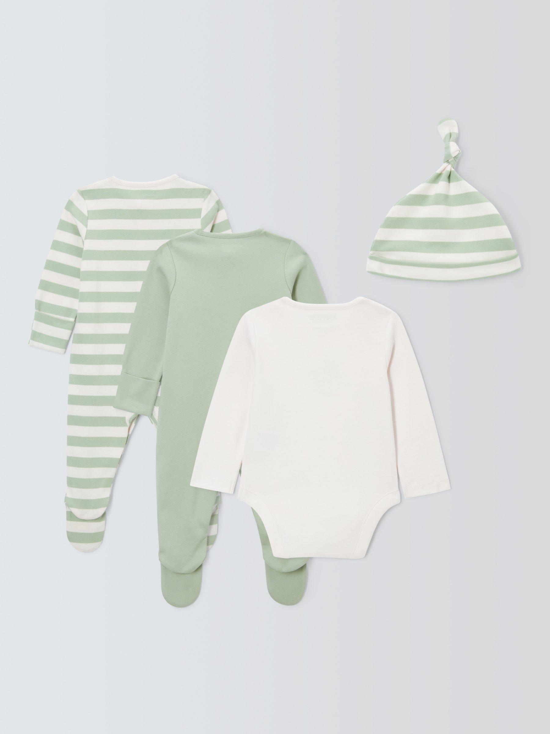 Product image 2 of 4, which shows John Lewis ANYDAY Baby Stripe Fish Sleepsuit, Bodysuit and Hat Set, Green, 18-24 months
