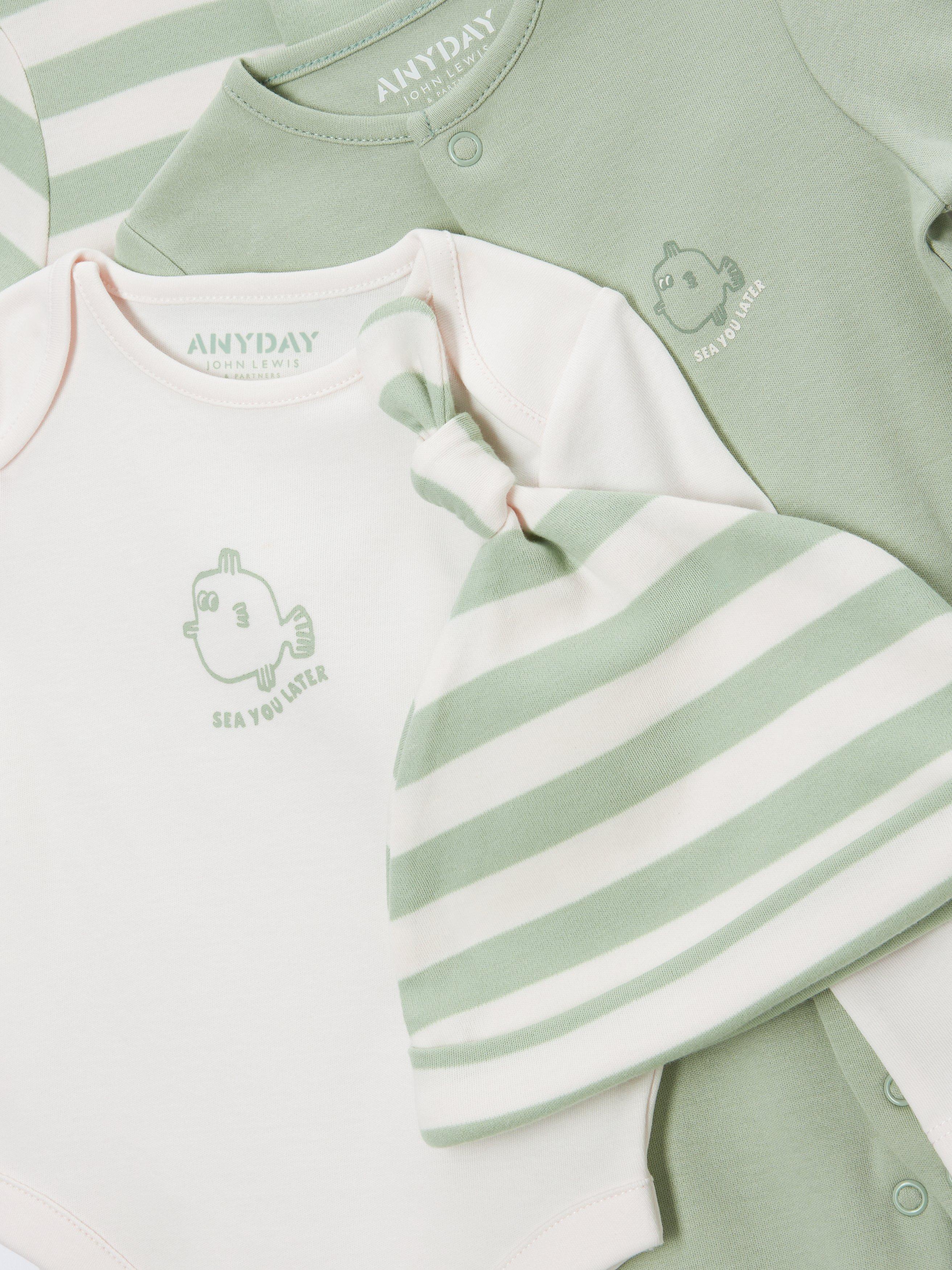 Product image 3 of 4, which shows John Lewis ANYDAY Baby Stripe Fish Sleepsuit, Bodysuit and Hat Set, Green, 18-24 months