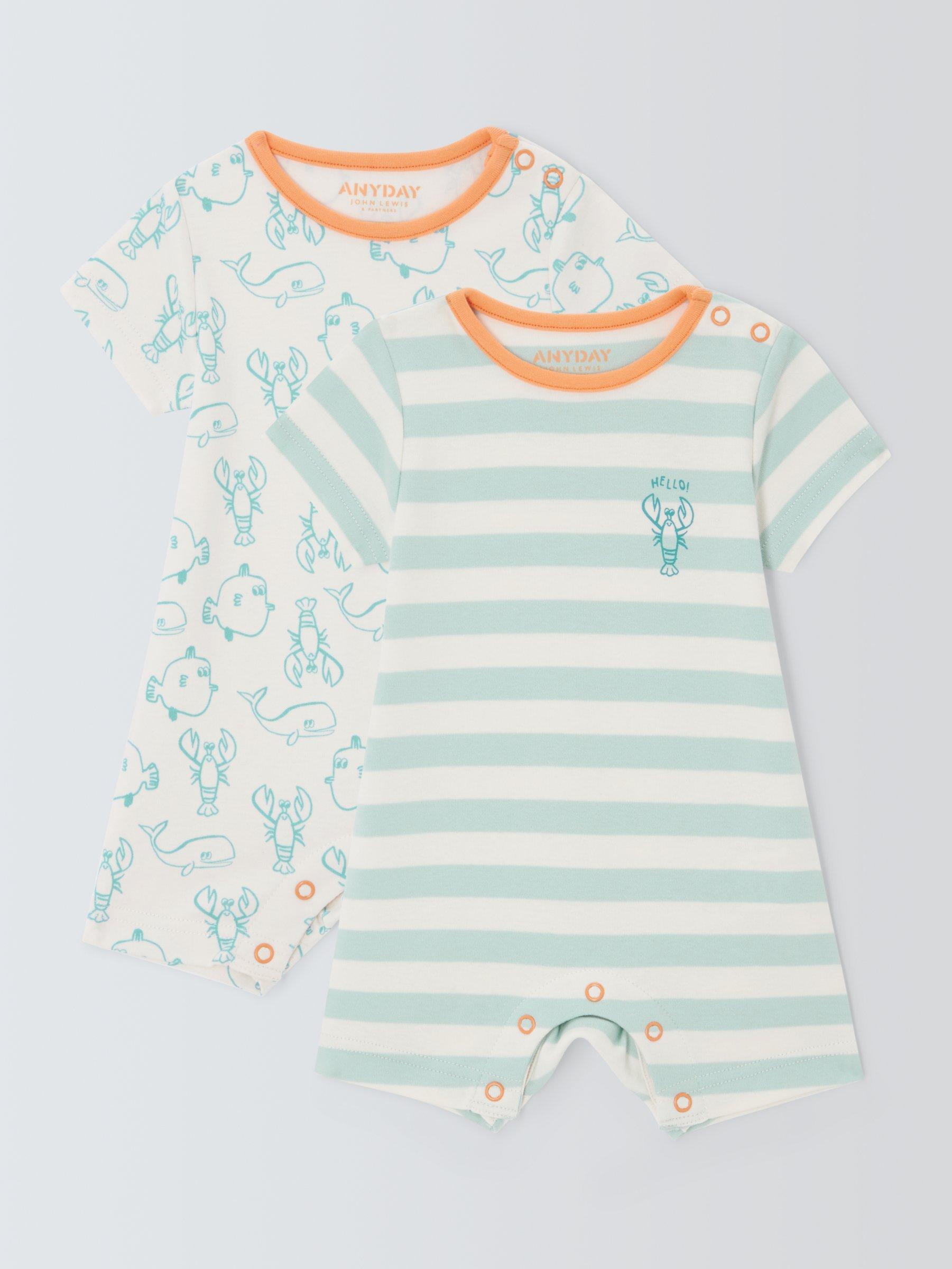 John Lewis ANYDAY Baby Stripe Lobster Romper, Pack of 2, Blue