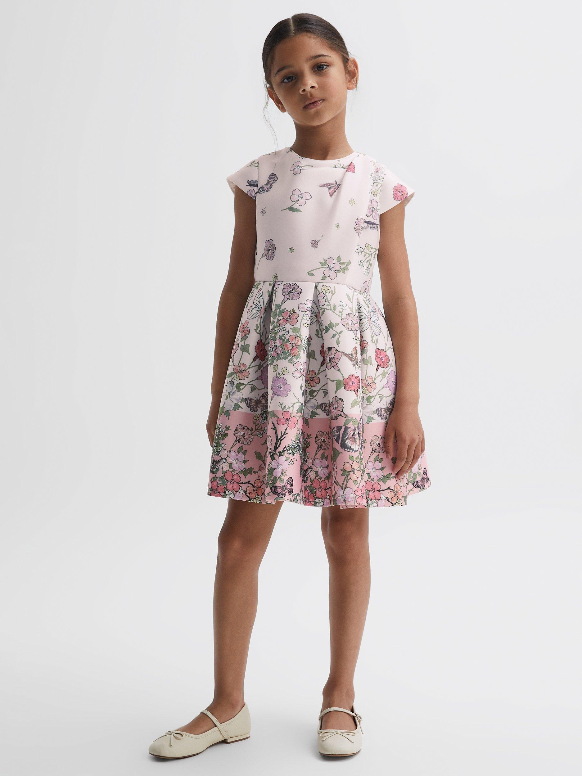 Reiss Kids' Tammy Floral Print Scuba Dress, Pink/Multi