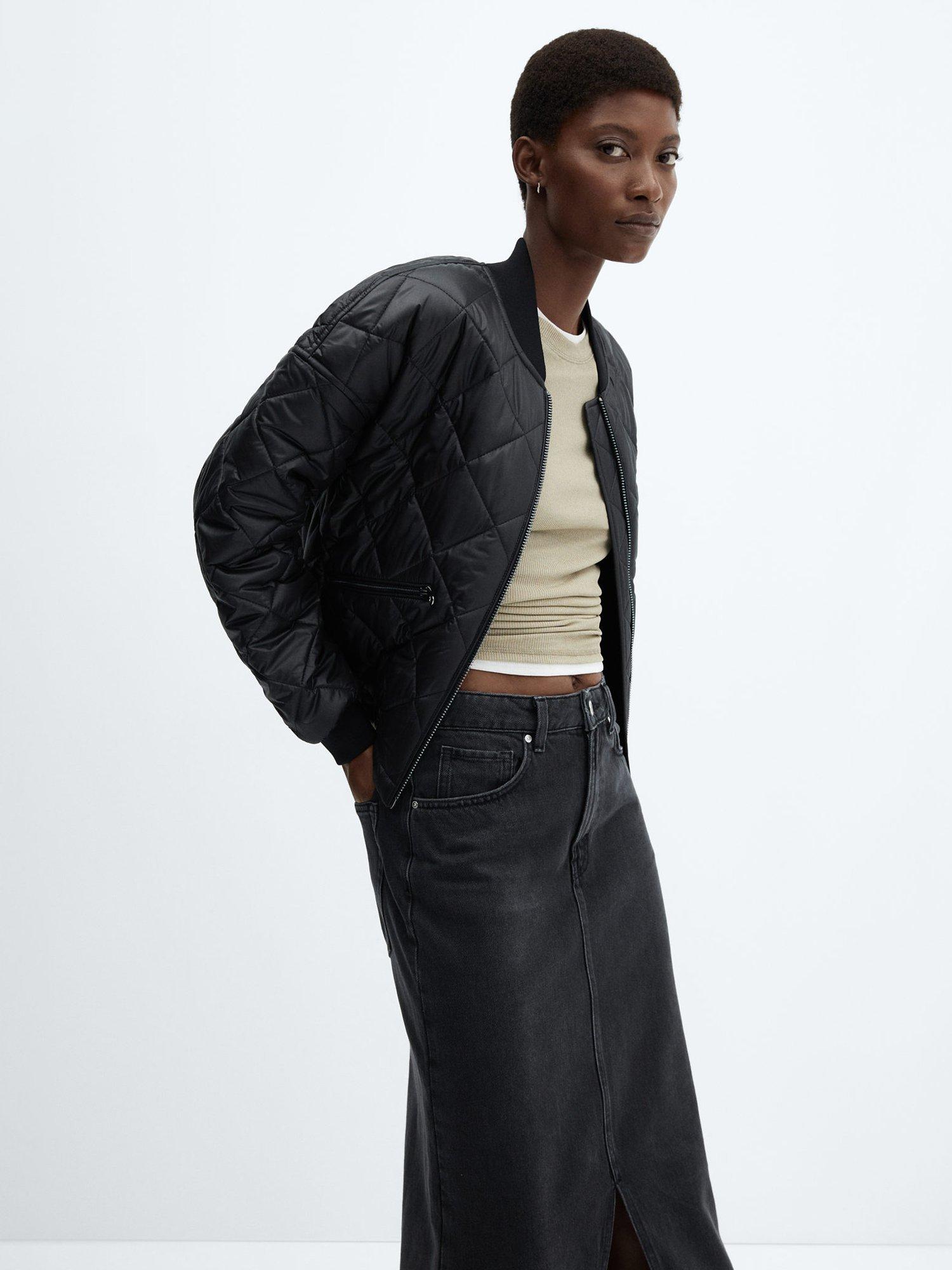 Mango Lapiz Quilted Waterproof Bomber Jacket, Black