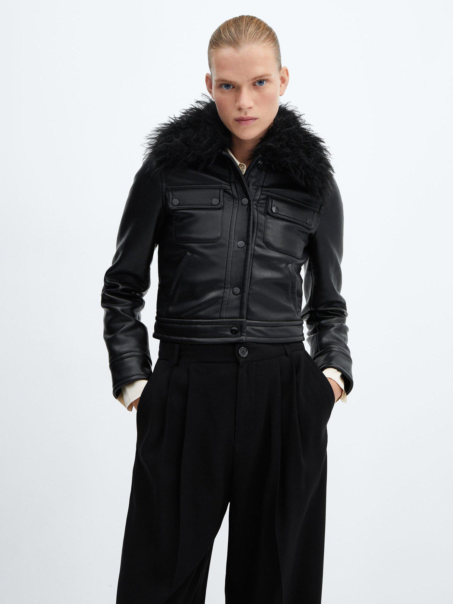Mango Mini Faux Fur Jacket, Black