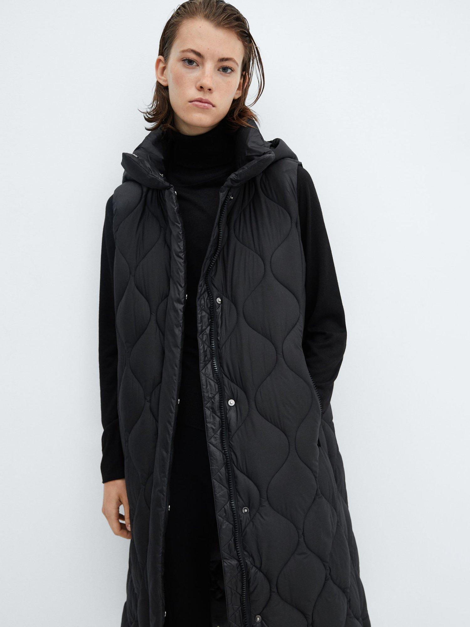 Mango Borrasca Long Quilted Waistcoat, Black