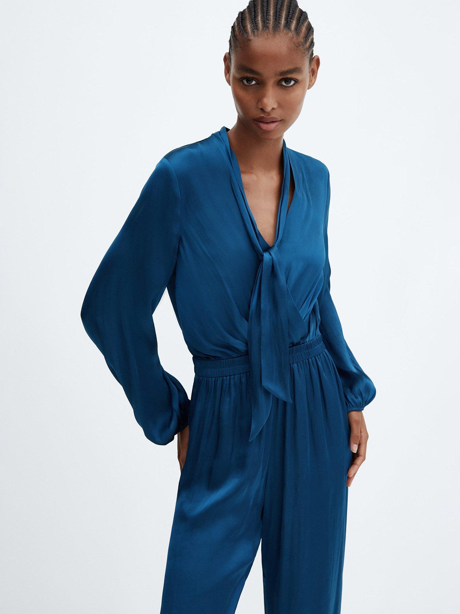 Mango Cirsa Long Satin Bow Jumpsuit, Dark Blue