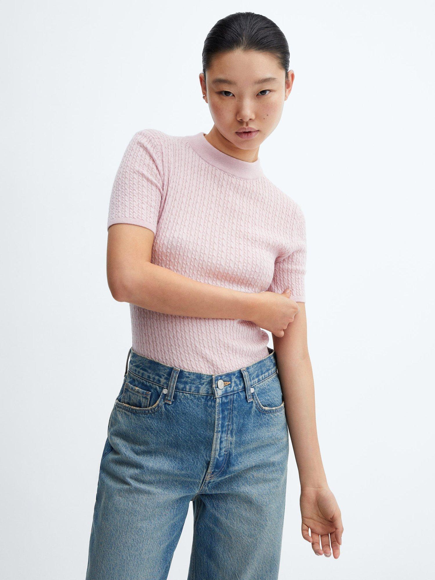 Mango Wool and Cashmere Blend Short Sleeve Jumper, Pink