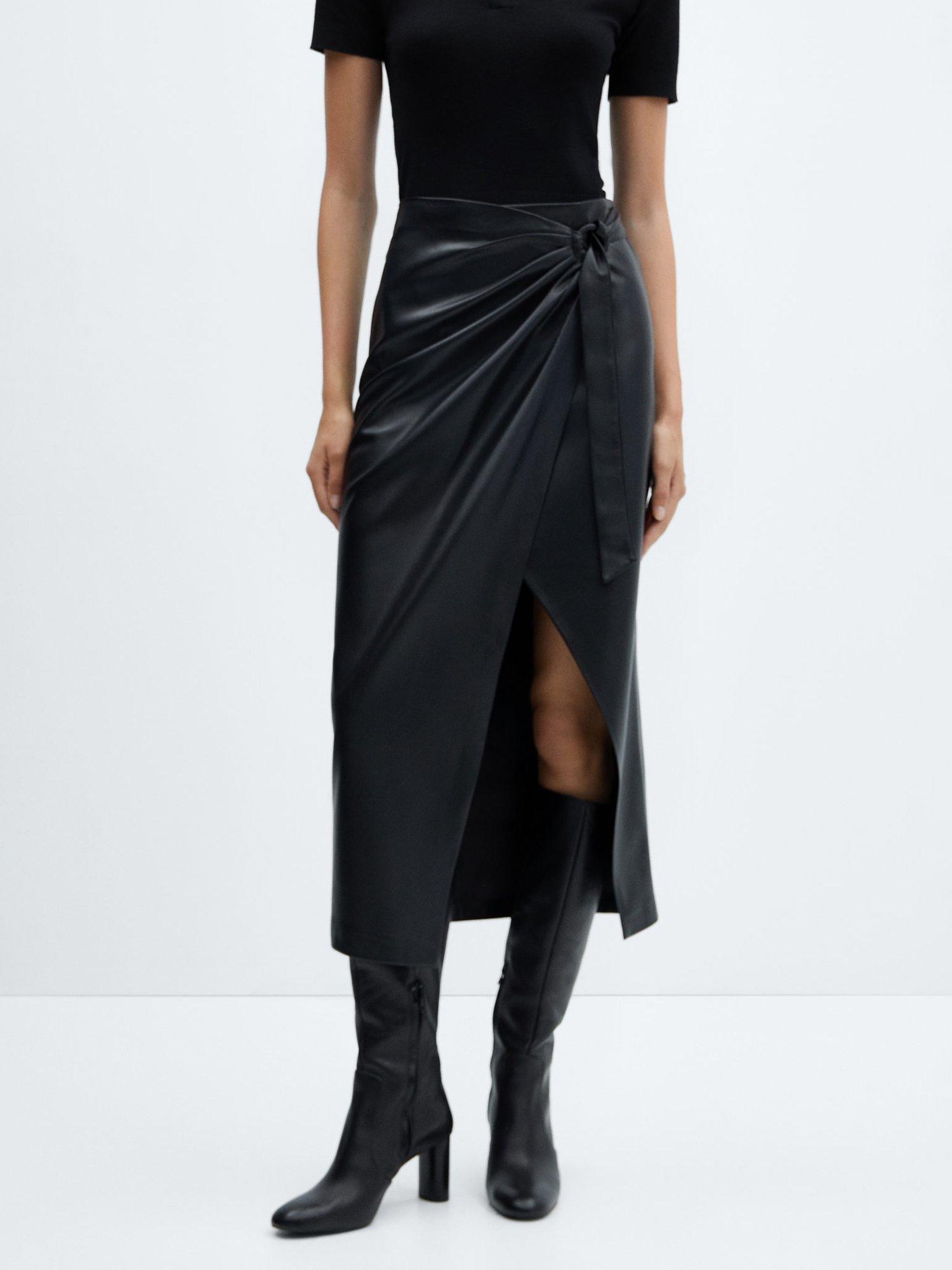 Mango Emilia Wrap Faux Leather Midi Skirt, Black