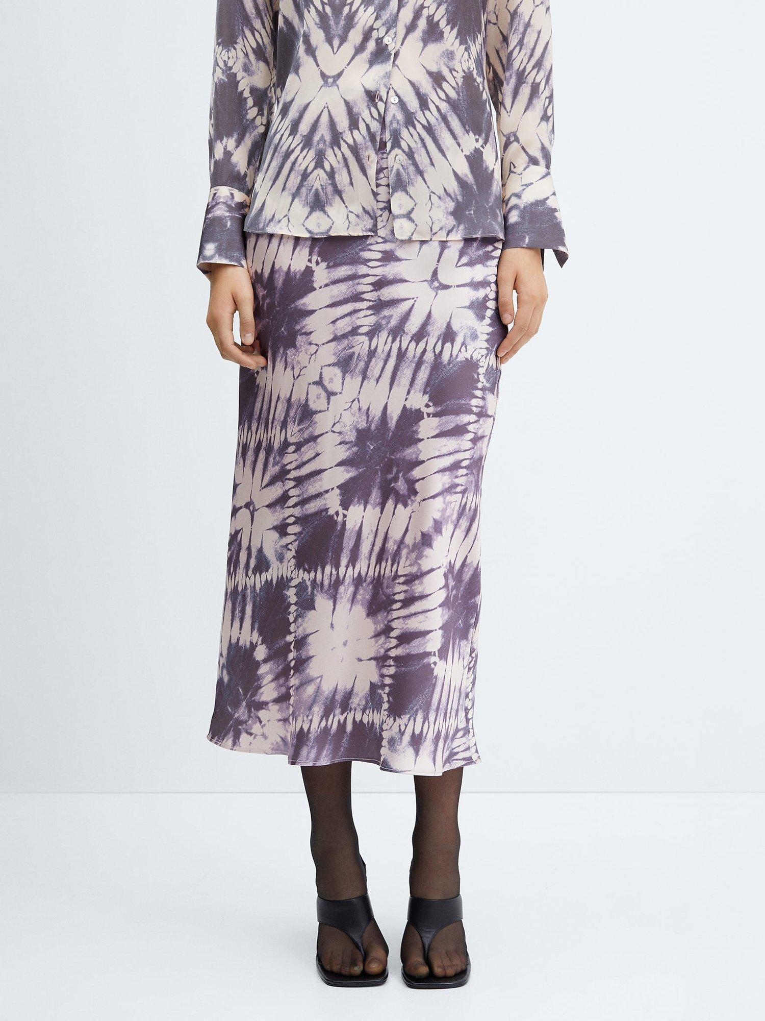 Mango Prisma Satin Tie Dye Midi Skirt, Light Pastel Purple