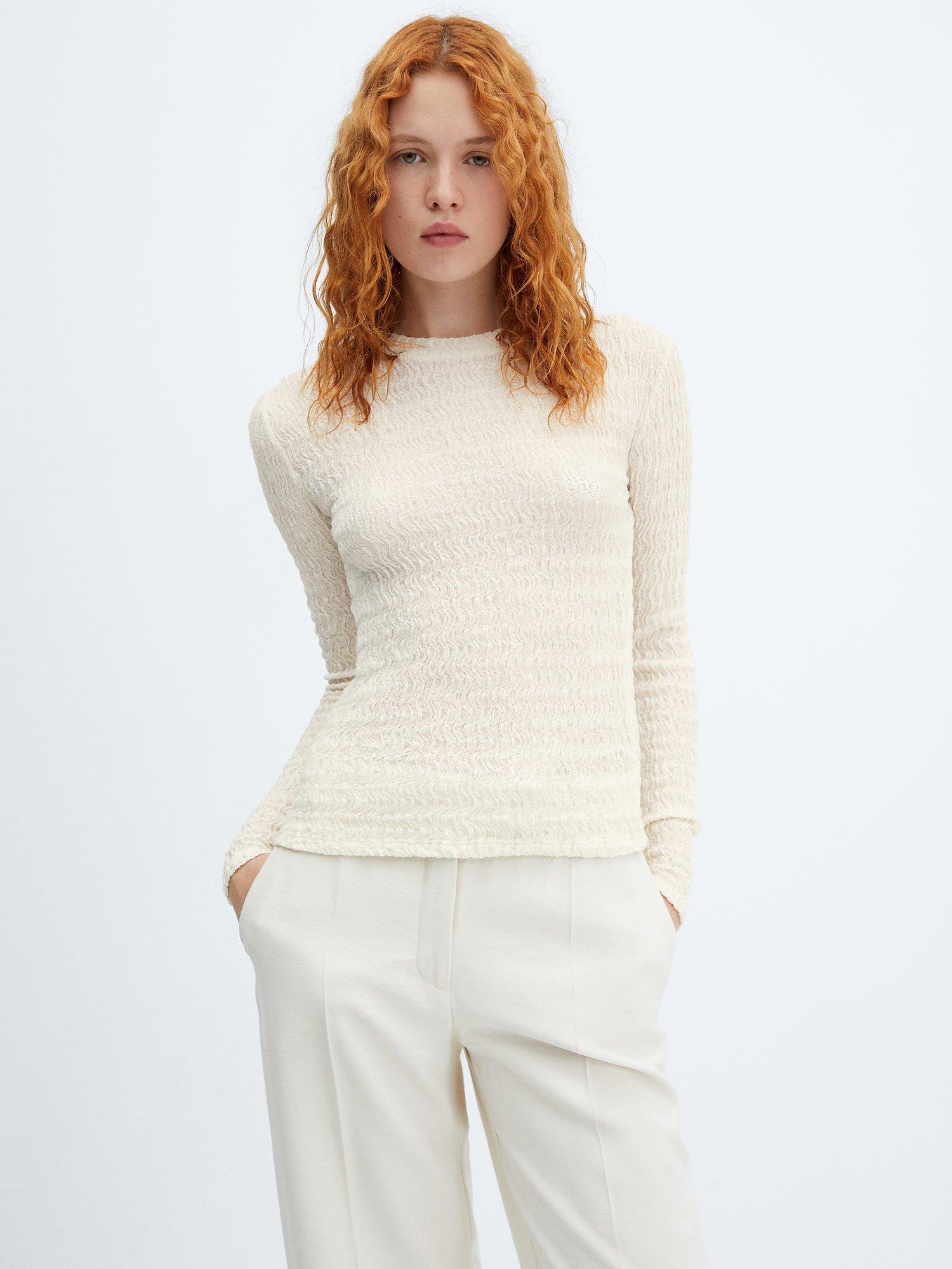 Mango Gathered Knit Long Sleeve T-Shirt, Natural White