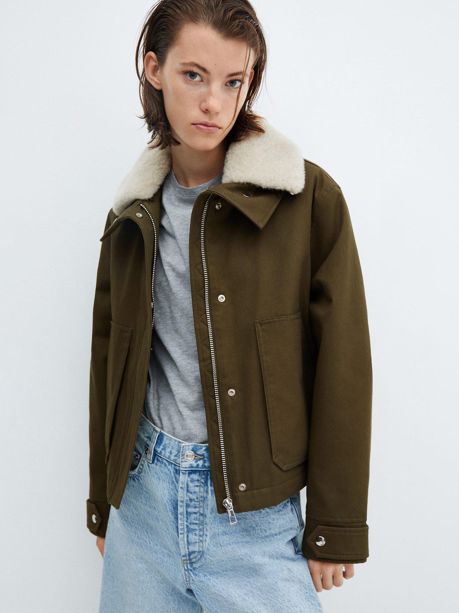 Mango Shearling Collar Parka Jacket, Khaki