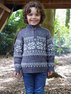 The Little Tailor Kids' Zip Neck Snowflake Fairisle Jumper, Charcoal, Charcoal