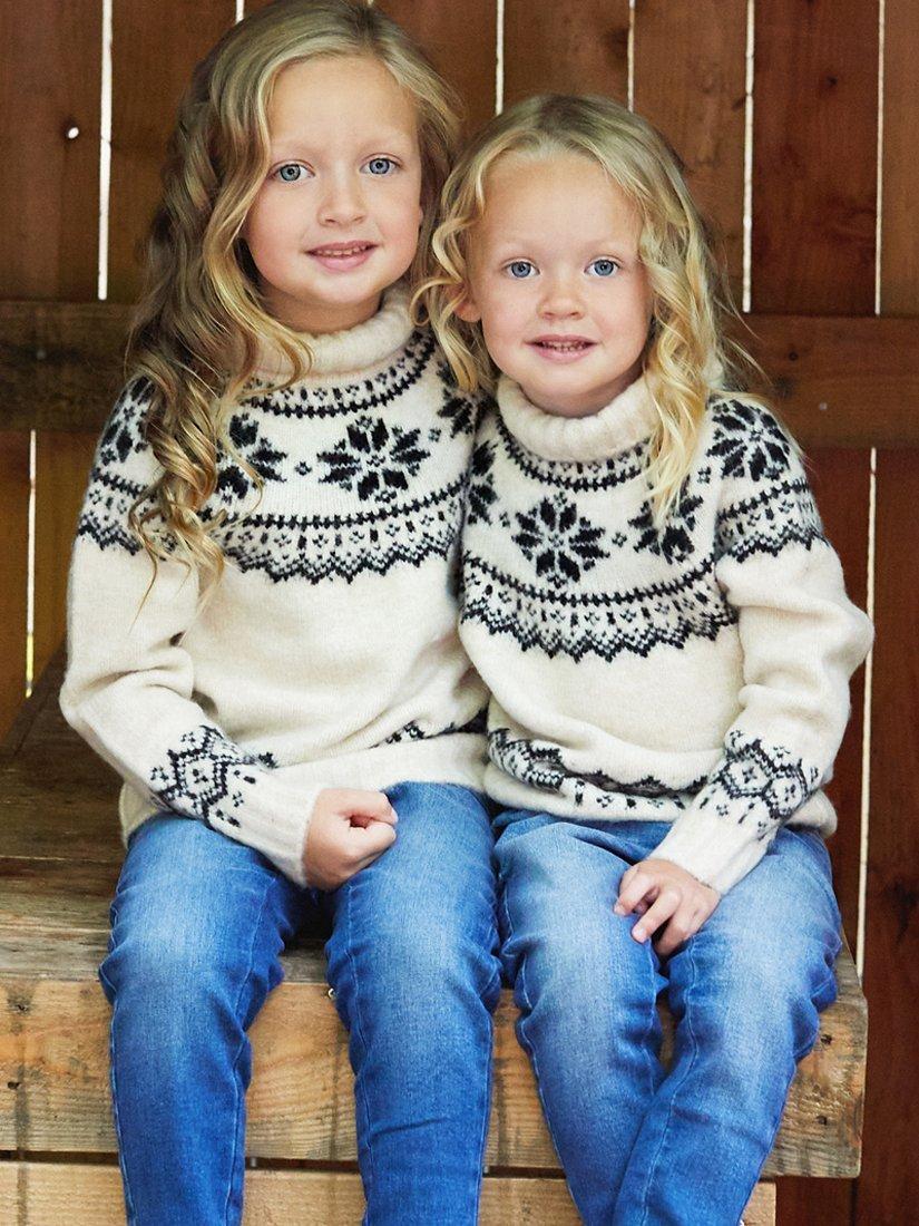 Product image 1 of 5, which shows The Little Tailor Kids' Funnel Neck Snowflake Fair Isle Jumper, Cream, 2-3 years