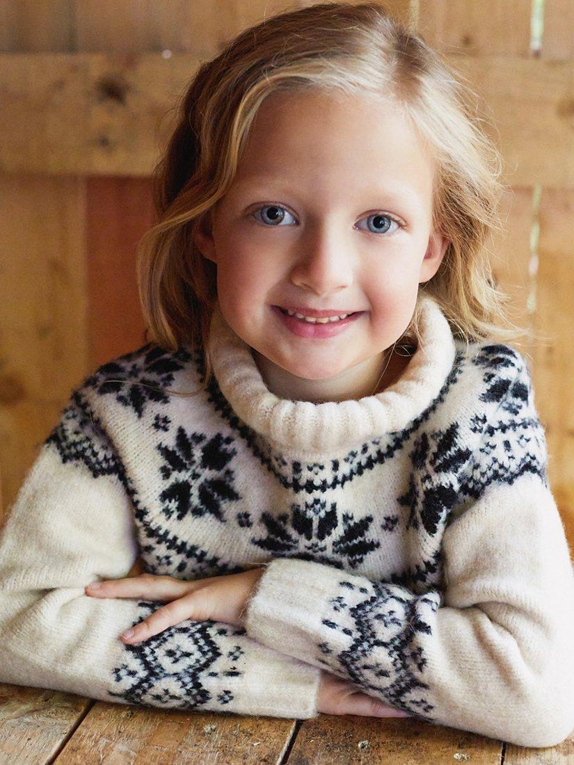 Product image 2 of 5, which shows The Little Tailor Kids' Funnel Neck Snowflake Fair Isle Jumper, Cream, 2-3 years