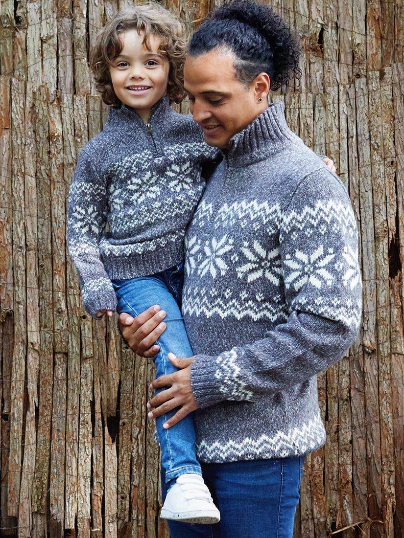 Product image 2 of 5, which shows The Little Tailor Snowflake Fair Isle Chunky Zip Neck Knit Jumper, Charcoal, S
