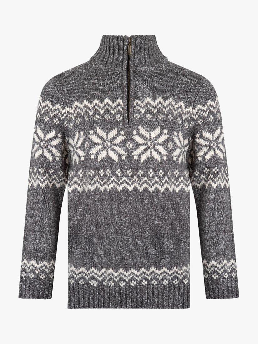 Product image 3 of 5, which shows The Little Tailor Snowflake Fair Isle Chunky Zip Neck Knit Jumper, Charcoal, S