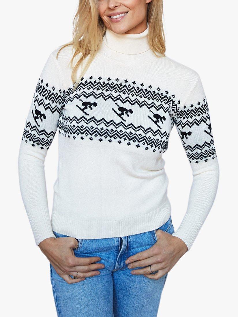 Product image 1 of 4, which shows The Little Tailor Slim Fit Ski Design Roll Neck Jumper, Cream, XS