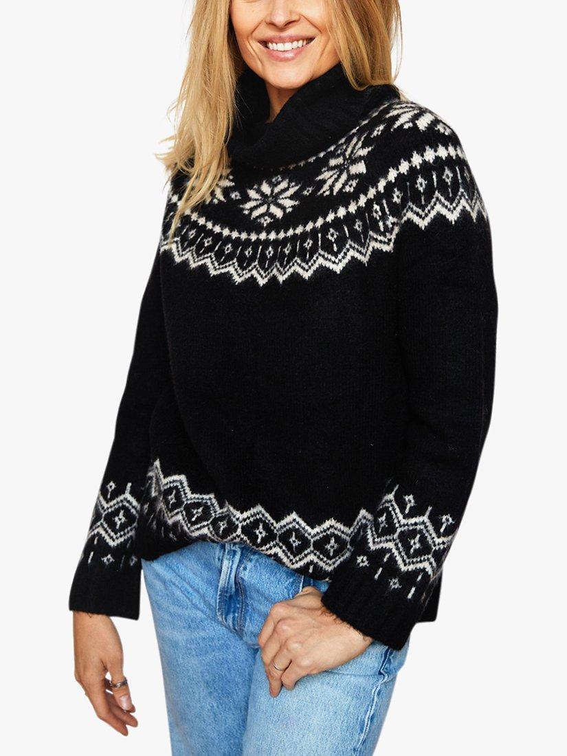 Product image 1 of 6, which shows The Little Tailor Snowflake Fair Isle Chunky Funnel Neck Jumper, Black, S