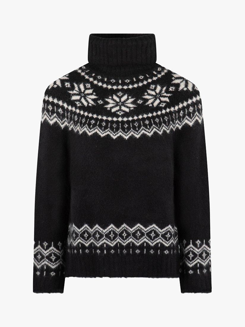 Product image 2 of 6, which shows The Little Tailor Snowflake Fair Isle Chunky Funnel Neck Jumper, Black, S