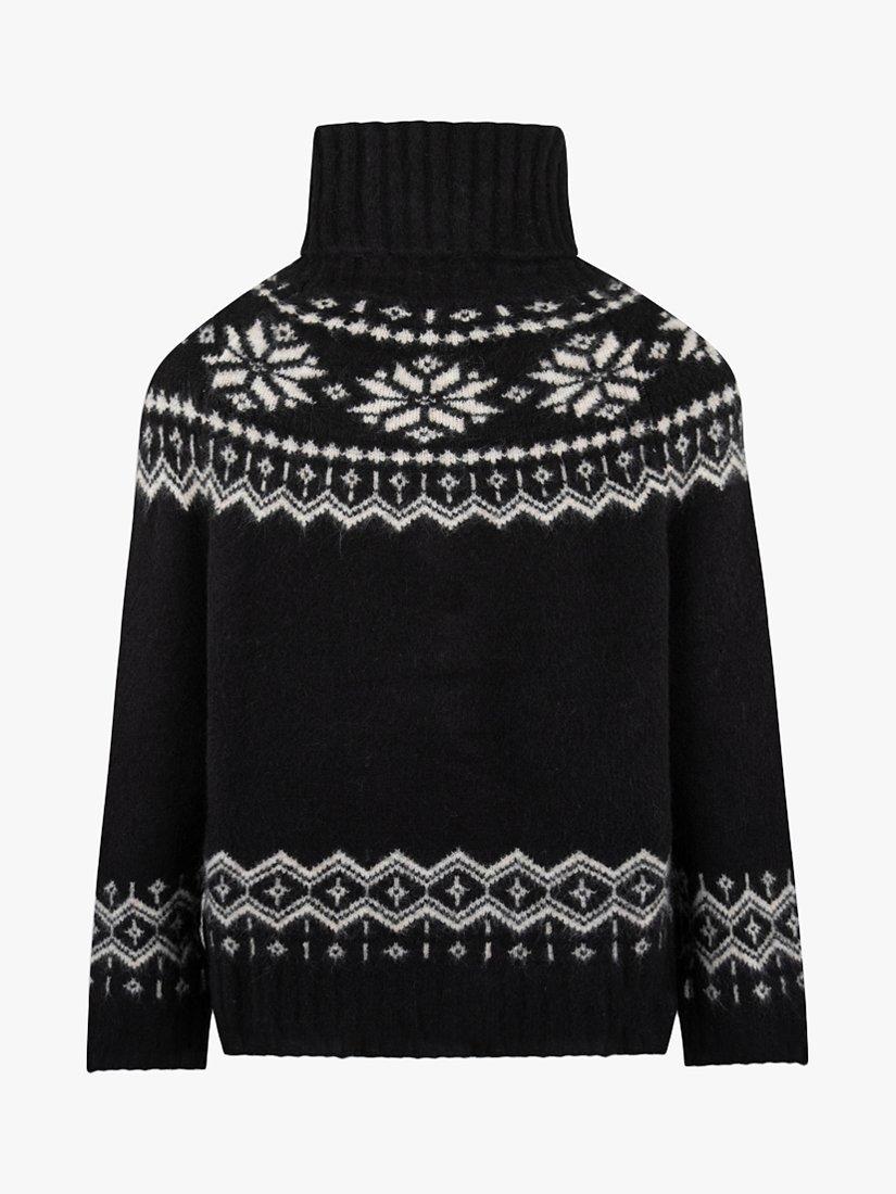 Product image 3 of 6, which shows The Little Tailor Snowflake Fair Isle Chunky Funnel Neck Jumper, Black, S