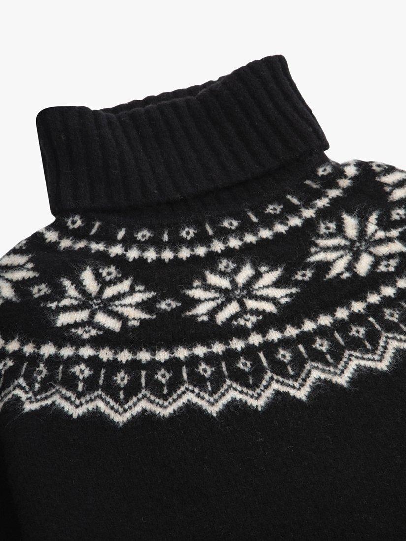 Product image 4 of 6, which shows The Little Tailor Snowflake Fair Isle Chunky Funnel Neck Jumper, Black, S