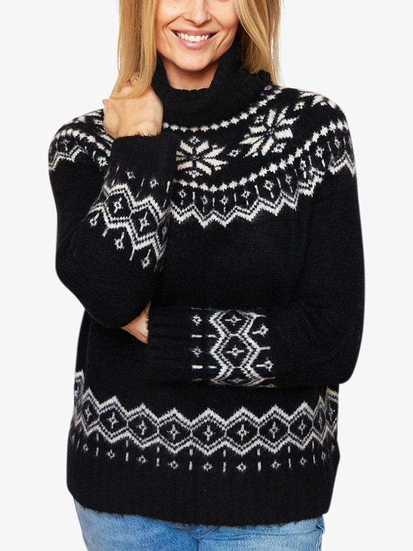 Product image 5 of 6, which shows The Little Tailor Snowflake Fair Isle Chunky Funnel Neck Jumper, Black, S