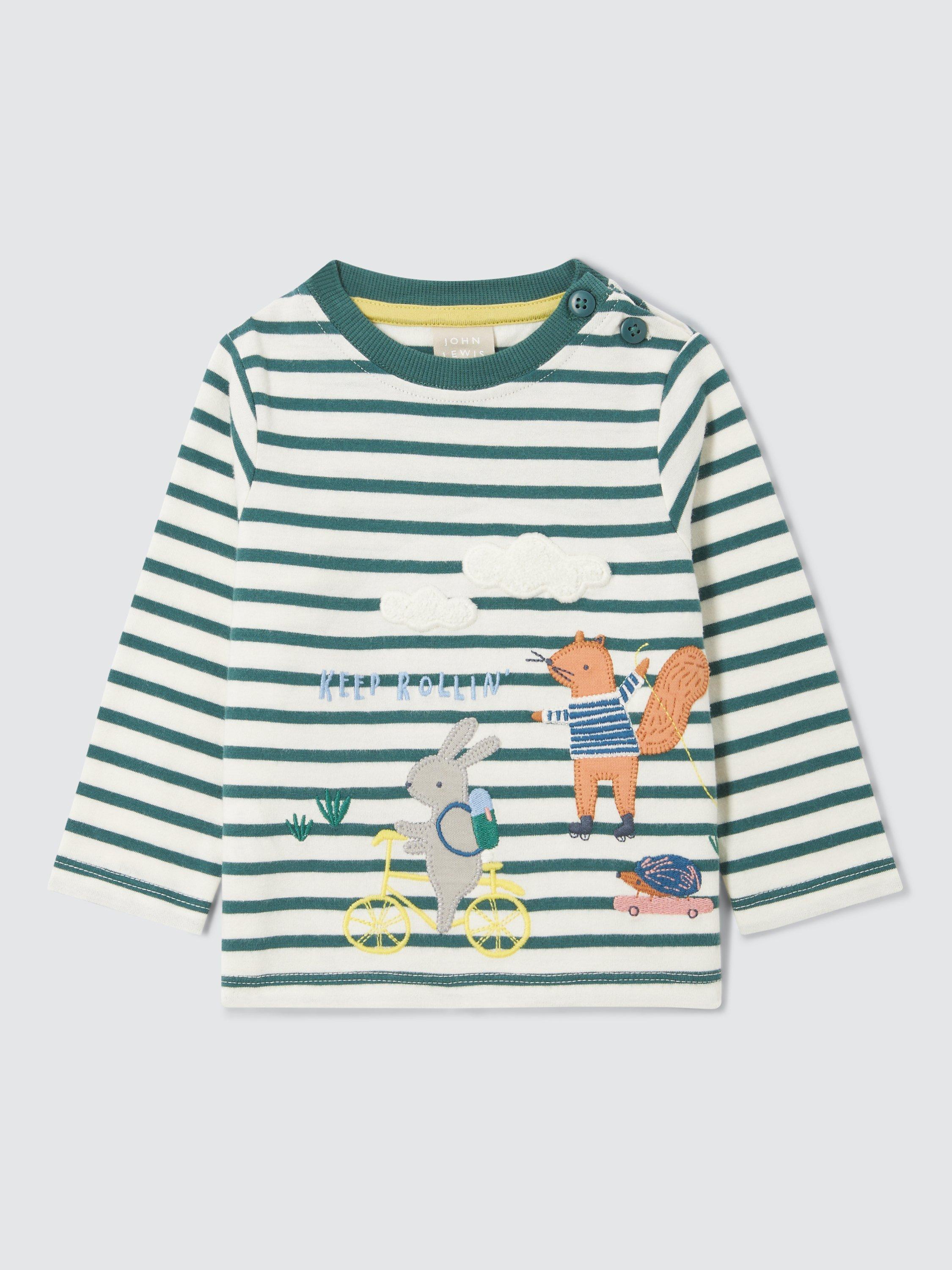 John Lewis Baby Applique Animals Scene Stripe Top, Green/Multi