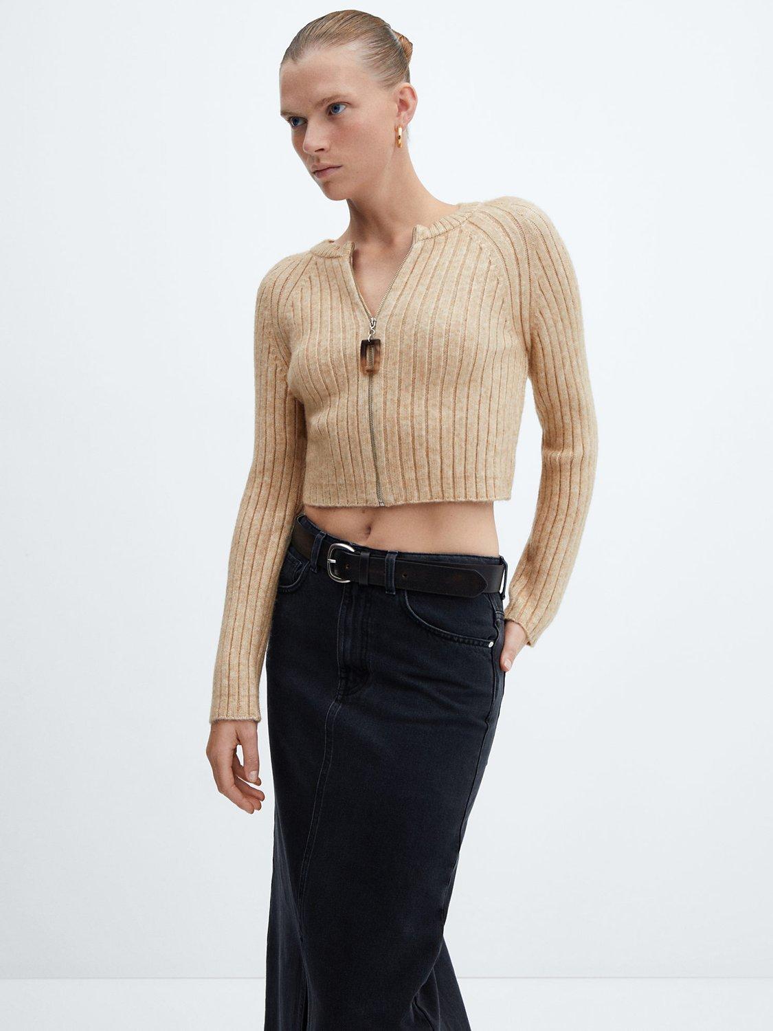 Mango Tipton Front Zip Cardigan, Medium Brown