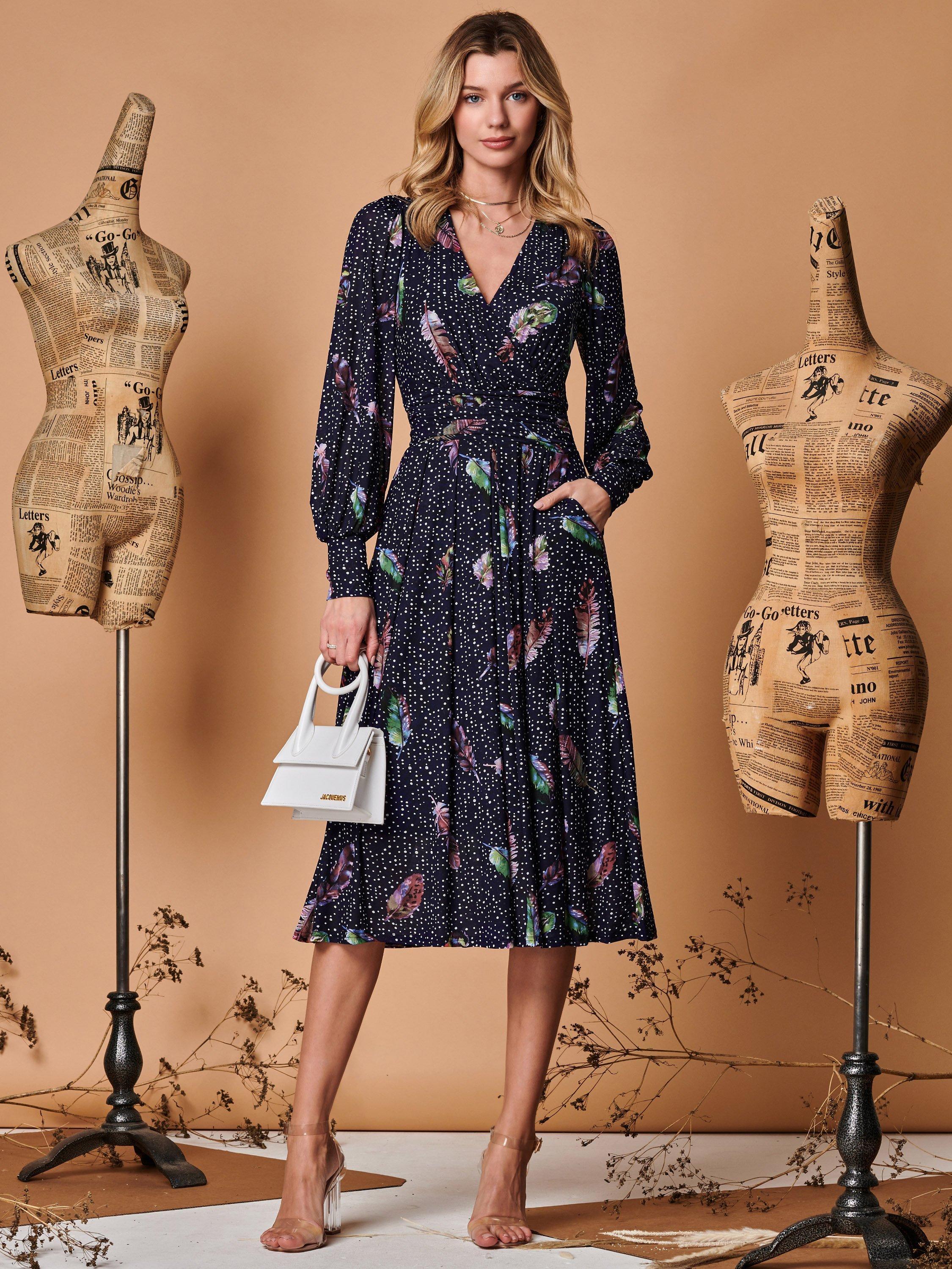 Jolie Moi Feather Print Wrap Front Mesh Midi Dress, Navy/Multi