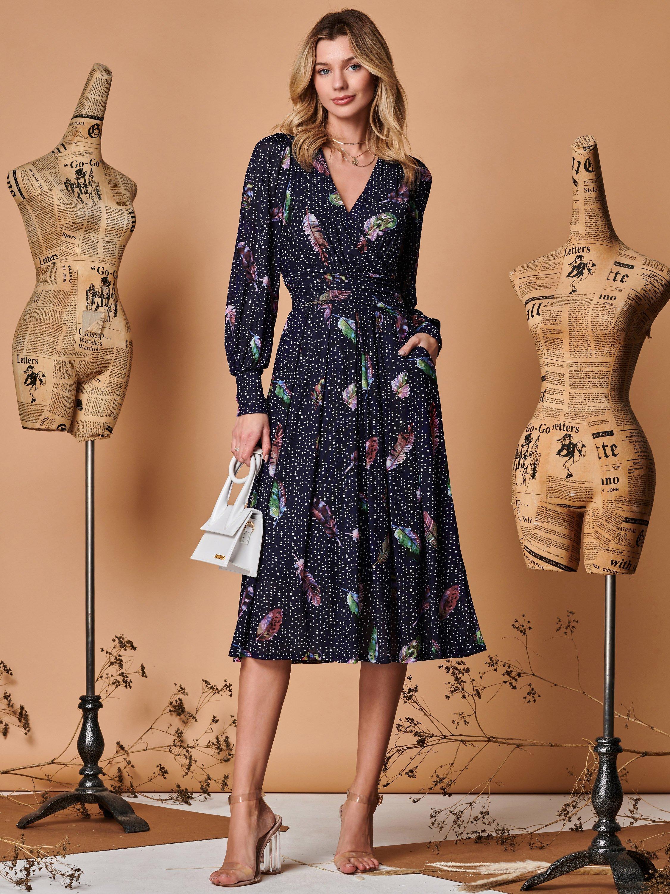 Jolie Moi Feather Print Wrap Front Mesh Midi Dress Navy Multi