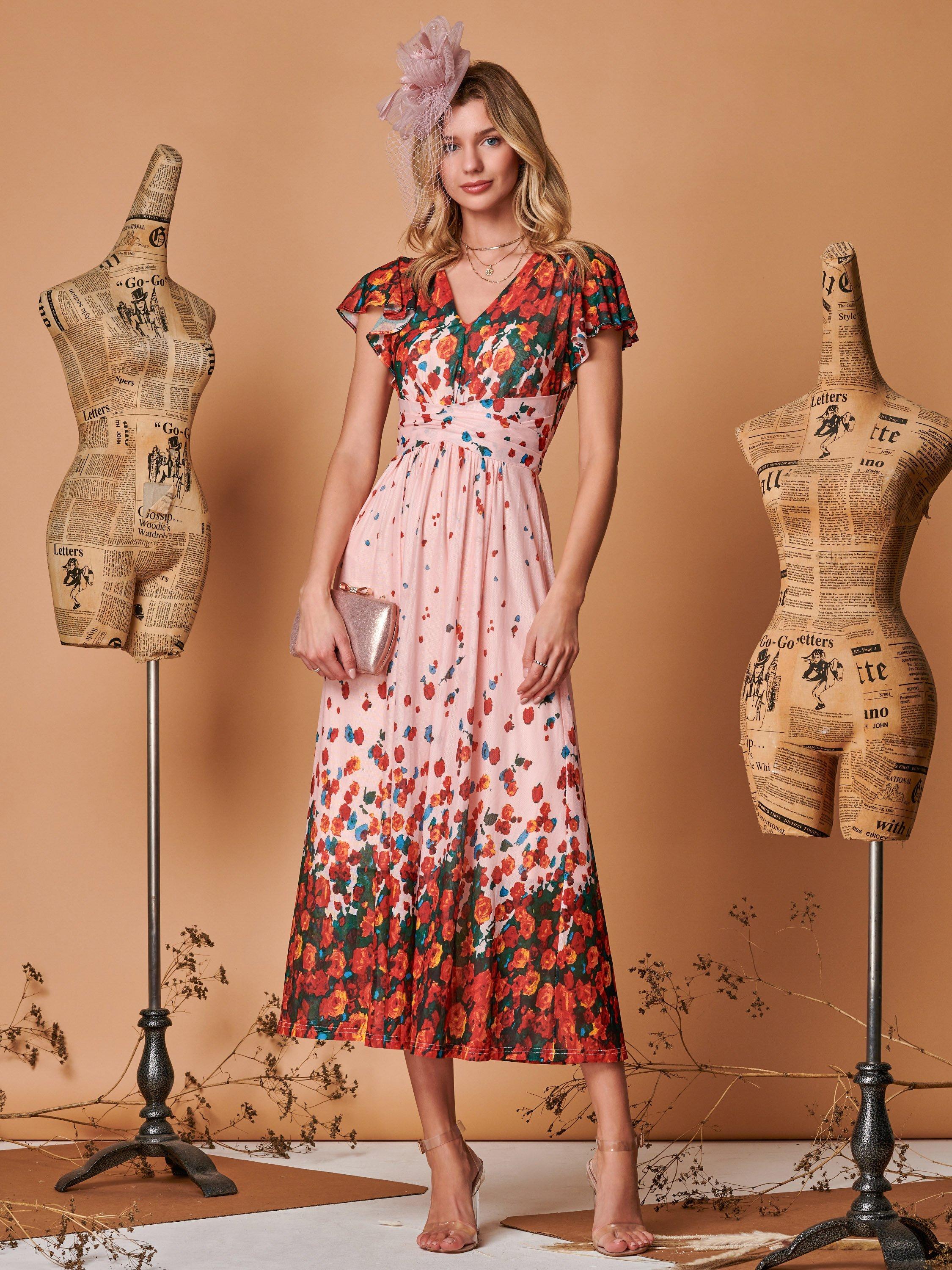 Jolie Moi Floral Print Midi Dress Coral Pink